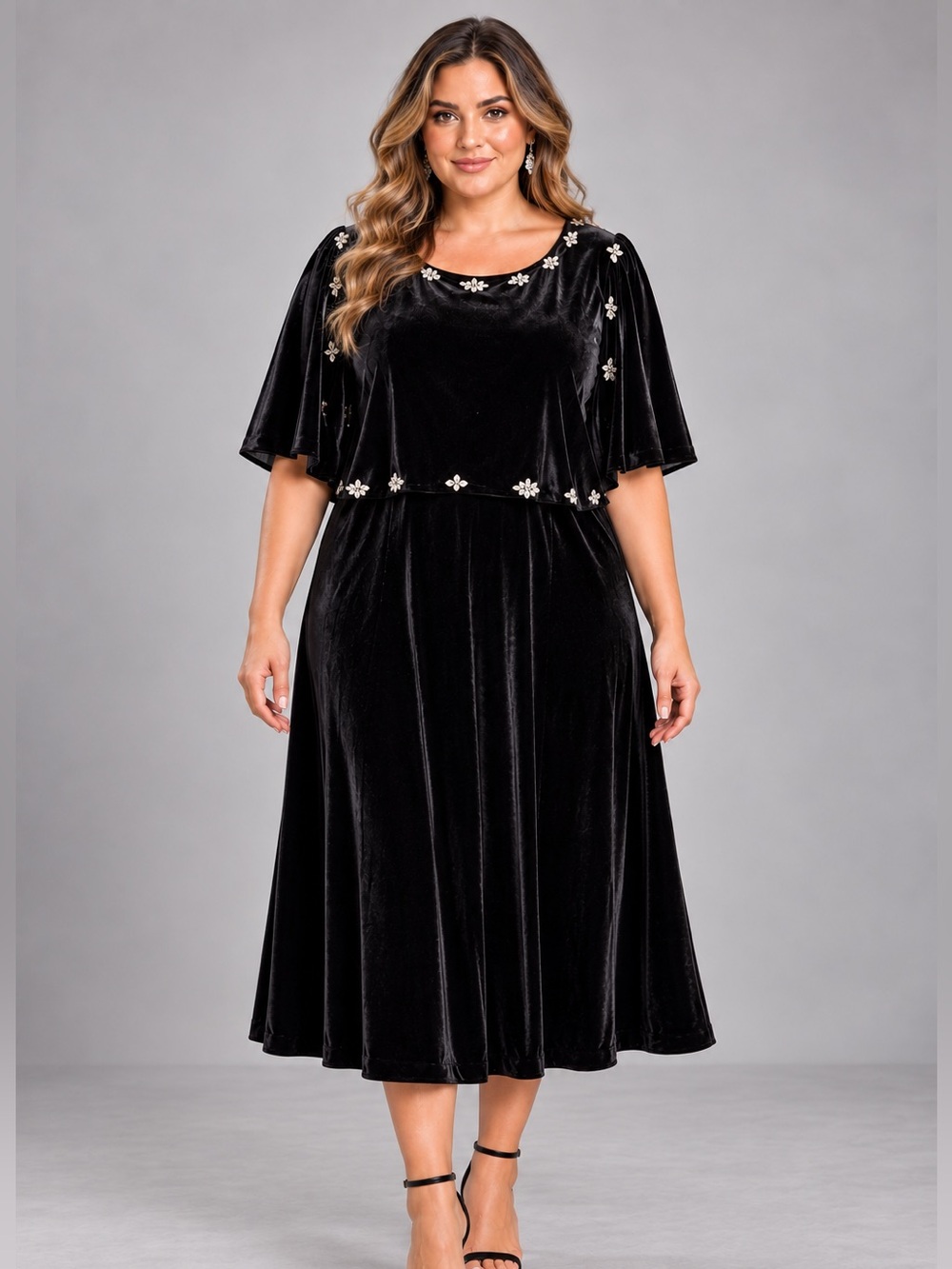 NWT Polagram Velvet Crystal Floral Flutter Sleeve Black Midi
Dress 2XL